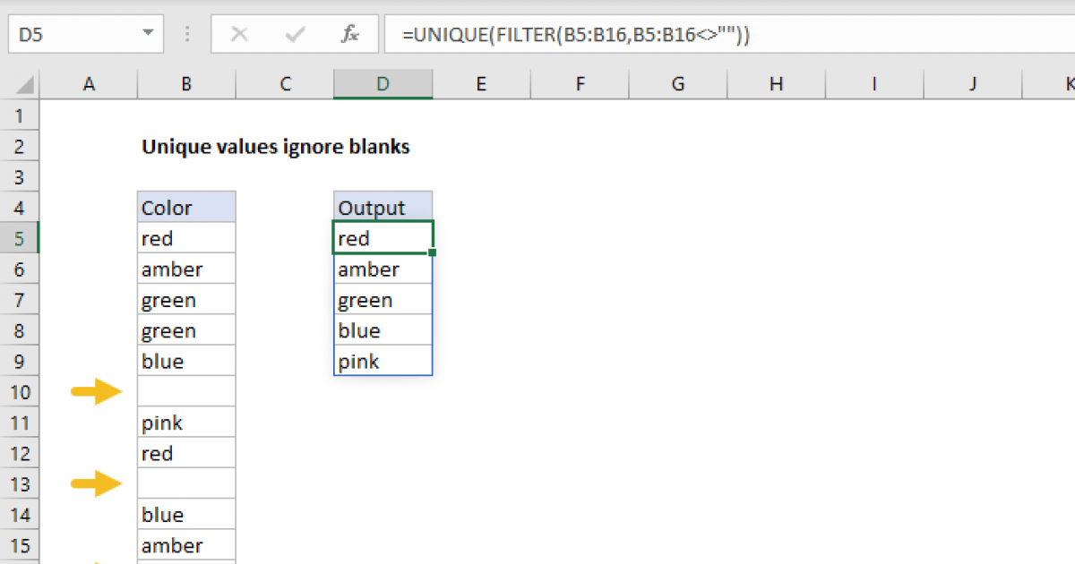 Unique values ignore blanks Excel formula Exceljet